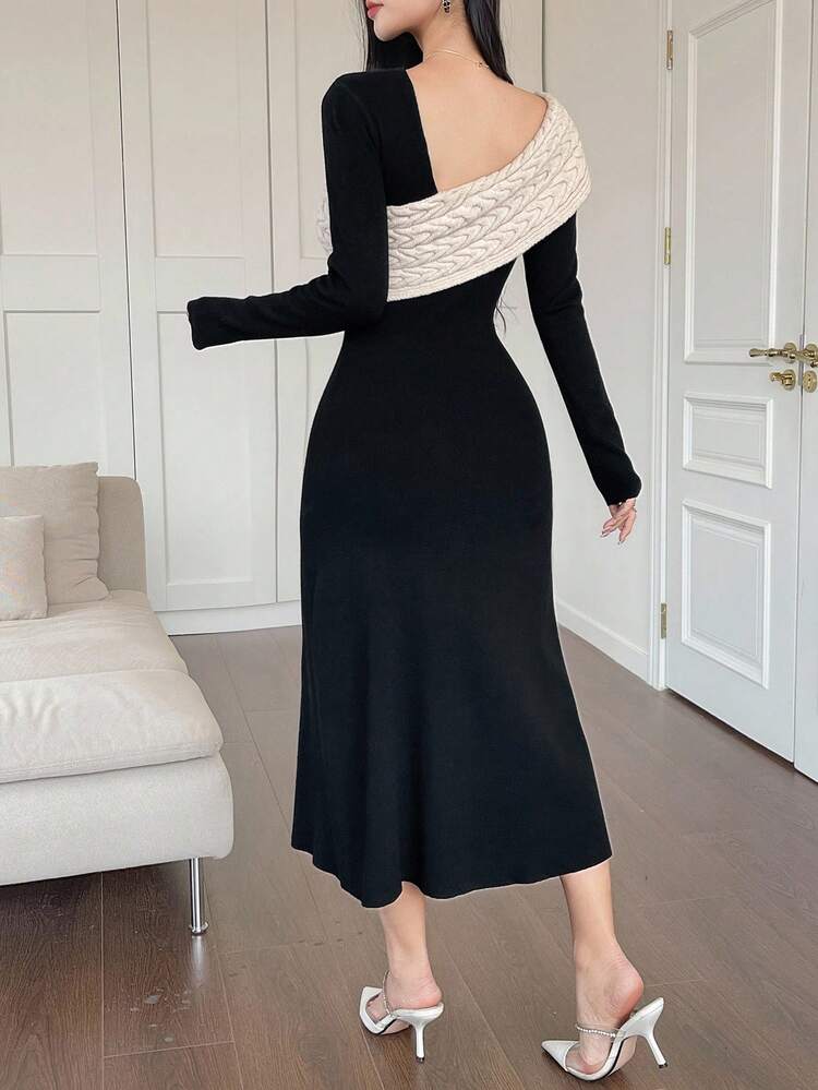Women's Asymmetric Color Block Knitted Sweater Dress, Autumn