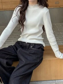 DAZY Teen Girl Slim Fit Turtleneck Basic Knit Long Sleeve Sweater, Autumn Student - White - View 4