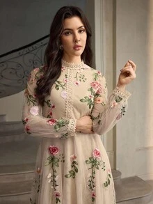 ZEYLAH 女式立领长袖优雅刺绣蕾丝拼布连衣裙 - 杏色 - 查看 2