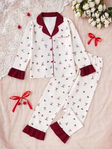 Genkimix Kids 2 件女童可爱樱桃和蝴蝶结印花长袖开衫和裤子套装，休闲舒适的家居服 - 彩色 - 查看 7