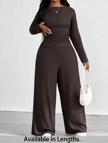 SHEIN PETITE CURVE 2pcs Plus Size Textured Brown Pleated Long Sleeve Top And Pockets Pants Set - Brown - View 1