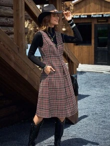 LanaWest Women's Casual Chic Tweed Woven Plaid Deep V-Neck Dress - Black - View 1