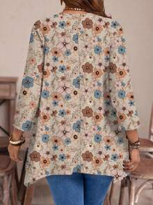 EMERY ROSE 大码女式休闲不对称下摆圆领宽松 3/4 袖 T 恤，带小碎花，秋冬款 - 彩色 - 查看 5