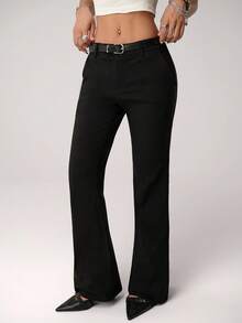 SHEIN ICON Women's Sexy Hot Girl Millennial Style Y2K Urban Modern Simple Commuting Office Siren Style Low Waist Belt Black Slim Flared Trousers - Black - View 8