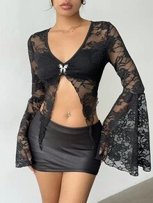 Aloruh Women's Black Lace Cropped Flare Sleeve Open Hem Sexy Top - Black - View 1
