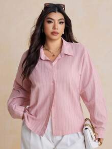 Dazy Plus 加大码宽松条纹翻领长袖粉色休闲衬衫秋季 - 粉色 - 查看 4