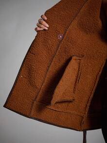 SHEIN BAE Women's Casual Shawl Collar Drop Shoulder Long Sleeve Faux Fur Jacket, Autumn/Winter,Women's Autumn/Winter New Faux Fur Lined, Leather Jacket, Brown Jacket Women - Coffee Brown - View 9