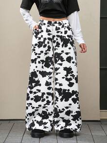 Jeanoix Jeans casuales de ajuste holgado con estampado todo sobre y bolsillos para mujer - Caqui - Ver 3