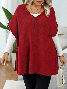 EMERY ROSE Plus Size Zip Front Batwing Sleeve Minimalist Hooded Sweater Vest For New Year Clothes Winter Fall Autumn