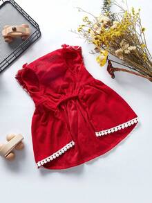 PETSIN Vestido de Natal para Cachorros Pequenos - Corduroy Vermelho com Mangas Bufantes e Decoração de Laço - Vermelho - Visão 9