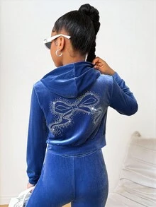 SLAYR Tween Girl Tween Velvet Rhinestone Pocket Hooded Zip-Up Sweatshirt And Slim Flare Pants Casual Elegant 2 Pieces Set Fall Winter Blue Two Piece Set Bow 2 Piece Set - Blue - View 5