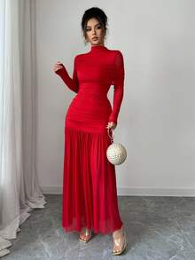 SHEIN Elenzya Váy maxi chữ A xếp ly lưới khoét lỗ hở gợi cảm thời trang thu đông mới, màu đỏ trơn cổ đứng, thích hợp cho tiệc tốt nghiệp, sự kiện ngày lễ, kỳ nghỉ, hẹn hò, Giáng sinh, Halloween - Đỏ - Xem 6