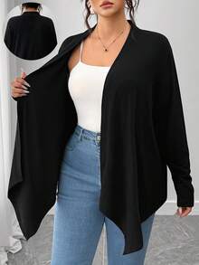 SHEIN PETITE CURVE 大码女式优雅休闲不对称下摆开衫，冬季秋季，黑色，适合女士 - 黑色 - 查看 1