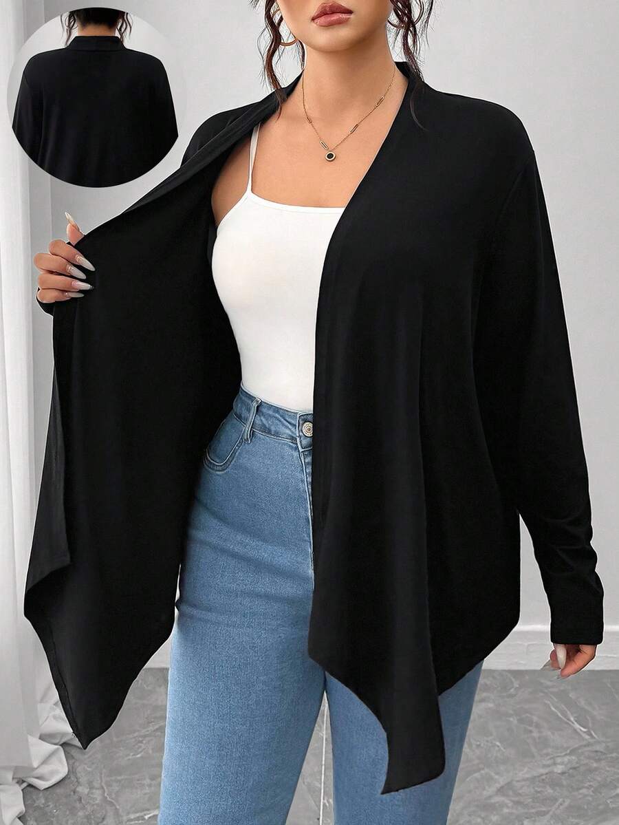 SHEIN PETITE CURVE 大码女式优雅休闲不对称下摆开衫，冬季秋季，黑色，适合女士 - 黑色 - 查看 1