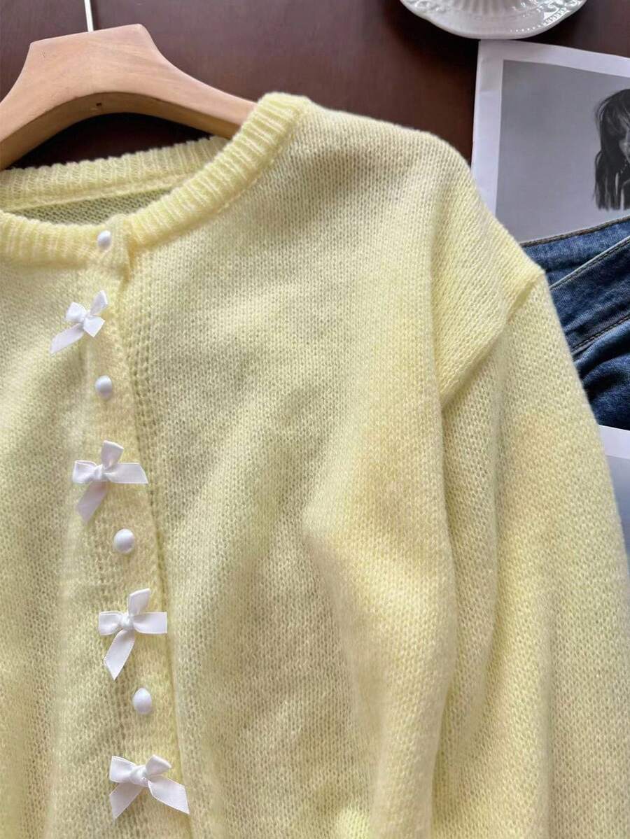 SHEIN LUNE 女士休闲薄款蝴蝶结纽扣开衫，返校教师商务休闲学校外出上衣秋季返校秋季机场老款老款长袖上衣女士奶油黄冬季老款开衫 - 黃色 - 查看 1