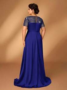 SHEIN Belle 优雅奢华香槟色水钻缀饰短袖褶皱鱼尾下摆拼接连衣裙，适合晚会、单身派对、约会、音乐节、度假、婚礼、新娘母亲礼服 - 藏蓝色 - 查看 3