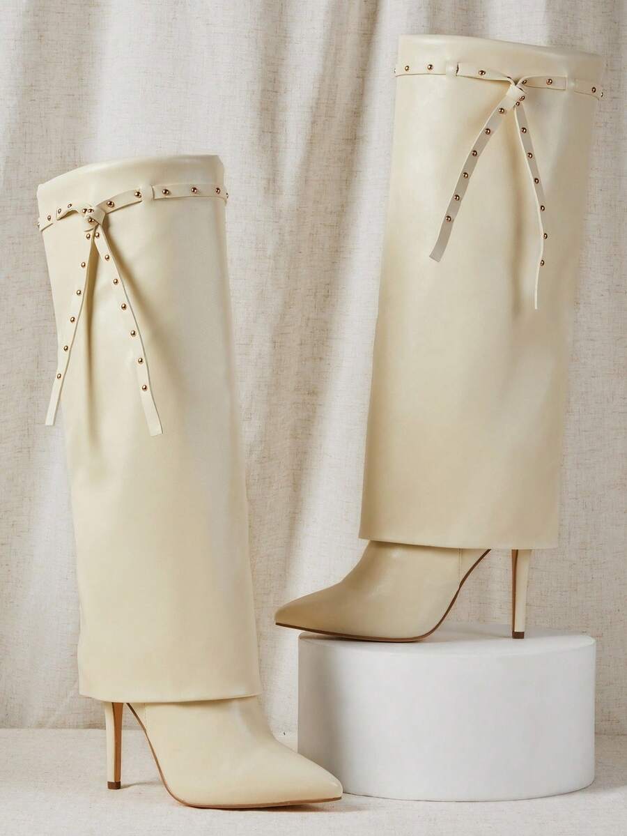 SHUZIA Women's Glamorous Pointy Toe Stiletto Heel Knee High Boots With Rivet Strap Decor - Burgundy - View 1