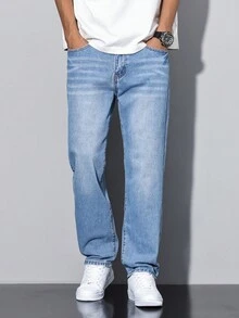 Manfinity Homme Men's Distressed Faded Denim Jeans With Cat Whiskers, Plain Long Washed Straight Leg Navy Blue Cargo Jeans Light Jeans, For Husband, Boyfriend Gifts Going Out College Street Hang Out Sport