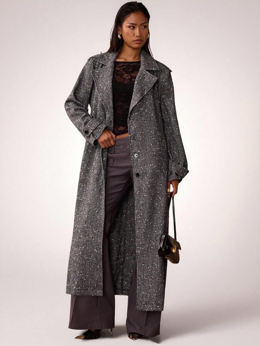 SHEIN BAE Fall Loose Fit Single-Breasted Lapel Long Casual Coat,Special Textured Fabric Jacket,Women's Winter Coat,Coat,Elegant Long Coat,Fashionable Coat - Black - View 1