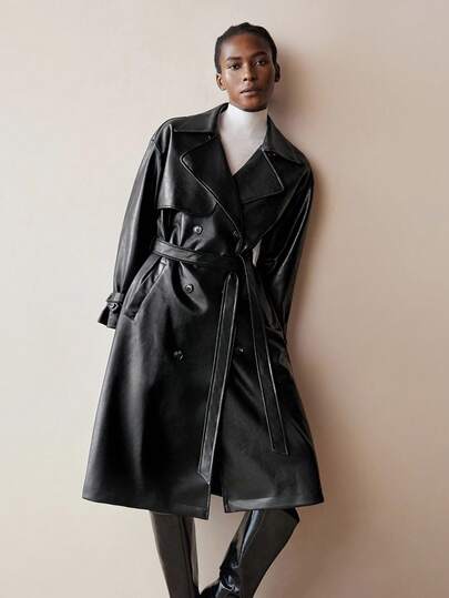 Maija 秋冬女式纯色翻领长袖双排扣PU皮革风衣