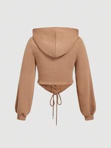 SHEIN MOD 大码女式纯色镂空系带抽绳卫衣，秋冬季休闲款 - 駝色 - 查看 2