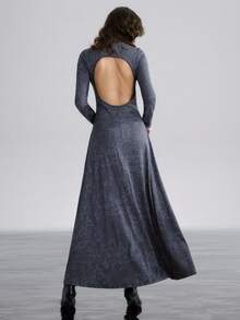 Airlisse Autumn/Winter High Neck Tie-Dye Effect Hollow Back Long Sleeve A-Line Dress For Women - Grey - View 7