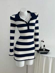 SHEIN Unity 女式休闲翻领蓝白条纹针织连衣裙，秋冬 - 藍白色 - 查看 3