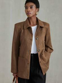 Aveloria Modichic 休闲复古系腰宽松落肩大口袋绒面革夹克 - 咖啡棕 - 查看 6