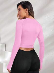 Sovereign Charm 女士纯色简约长袖休闲运动T恤 - 粉色 - 查看 2