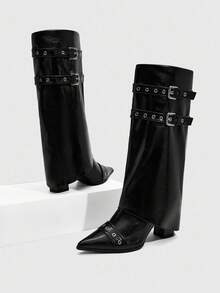 CUCCOO SZL High Shaft Pointed Toe Chunky Heel Side Zipper European And American Fashion Women Boots - Black - View 9