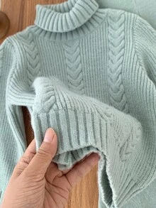 SHEIN Young Girl Cable Pattern Turtleneck Long Sleeve Sweater And Knitted Pants Casual Set, Autumn/Winter Fall - Green - View 5