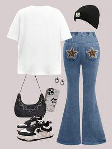 SHEIN Leap Crew 2pcs Tween Girls Casual Vintage Leopard Print & Star Pattern Loose Fit Round Neck Short Sleeve T-Shirt And Flare Pants Set, Suitable For Autumn - Multicolor - View 2