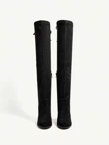 CUCCOO CHICEST 女士优雅性感百搭绒面革弹性及膝靴，蝴蝶结装饰，方头粗跟，适合约会、派对、工作、感恩节、圣诞节、万圣节 - 黑色 - 查看 8