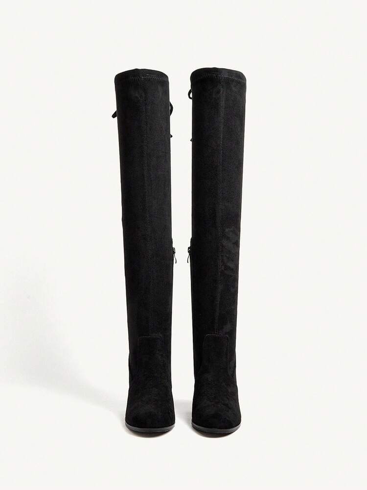 CUCCOO CHICEST 女士优雅性感百搭绒面革弹性及膝靴，蝴蝶结装饰，方头粗跟，适合约会、派对、工作、感恩节、圣诞节、万圣节 - 黑色 - 查看 8