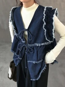 FRIFUL Jaket Denim Kasual Wanita Warna Polos dengan Detail Rumbai, Leher V, Tanpa Lengan, dan Hem Bergelombang - Biru - View 8