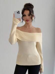 DAZY Schicker Off-Shoulder Pullover für Frauen, locker und lässig geschnitten, vielseitig einsetzbar, weich und kuschelig, Langarm, Herbst/Winter