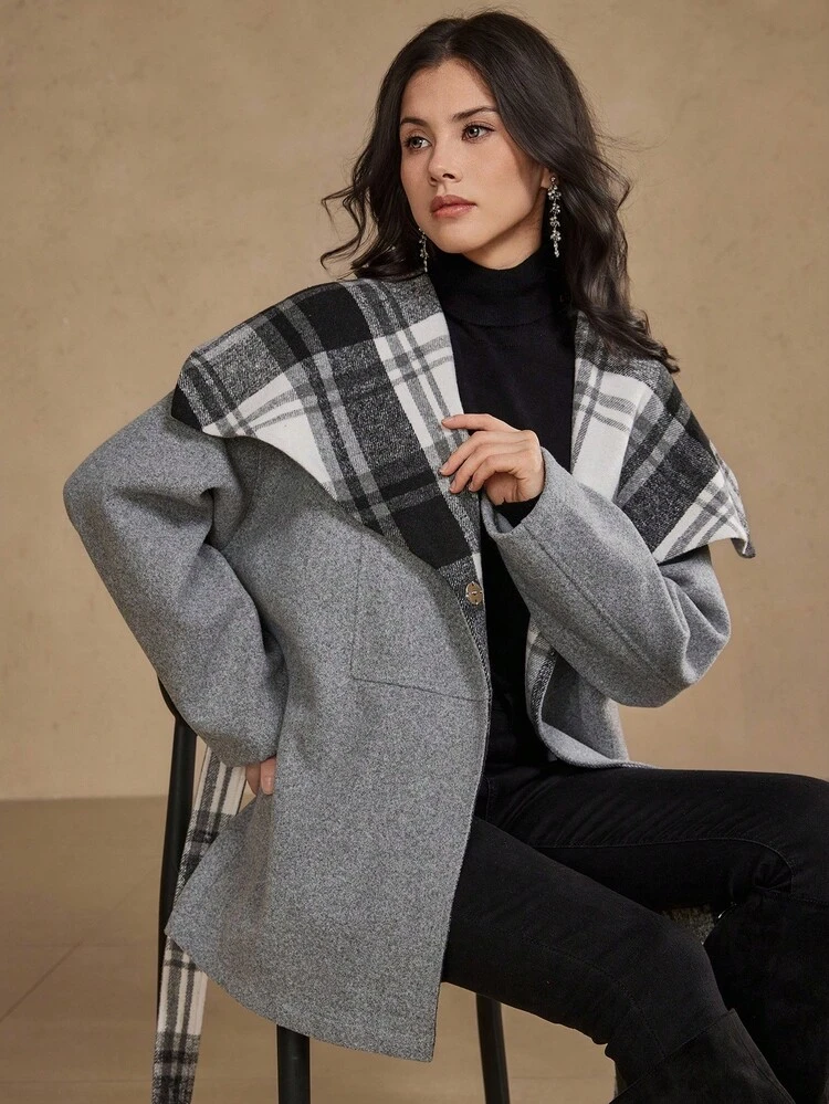 Women's Autumn/Winter Plaid Patchwork Cinched Waist Elegant Business Casual Overcoat