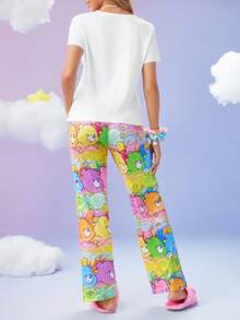 SweetSlumber X Carebears Women's Summer Cute Cartoon Bear Print Top & Pants Pajama Set Cute Pajamas Kawaii Pajamas Care Bear Pajamas Cartoon Pajamas Women - Multicolor - View 2