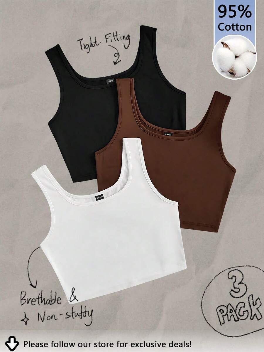 Tseoso 3pcs/Set Casual Slim-Fit Women's Camisole Tops, Black, White & Brown, 95% Cotton, Suitable For Summer, Vintage, Cute Summer Tops, Softgirl, Summer Outings, Home, Back To School, Fall Women Clothes, Versatile 3 Pack Crop Tops Basic Crop Tops Tight Fitting Crop Tops Crop Tank Tops Brown Crop Top