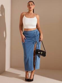 SHEIN BAE Spódnica mini z jeansu w dużym rozmiarze, swobodna, elastyczna, z rozcięciem z boku, plisowana, niebieska