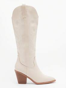 Solezae Glamorous Women's Western Style Faux Leather Pointed Toe Block Heel Embroidered Cowboy Boots Rodeo Holiday Fun Comfort Shoe - White - View 2