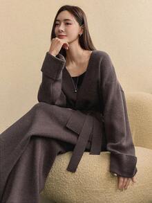 Dazy-Less 2pcs/Set Elegant Bowknot Knit Sweater Set For Women, Autumn/Winter Business Casual Woman - Coffee Brown - View 7