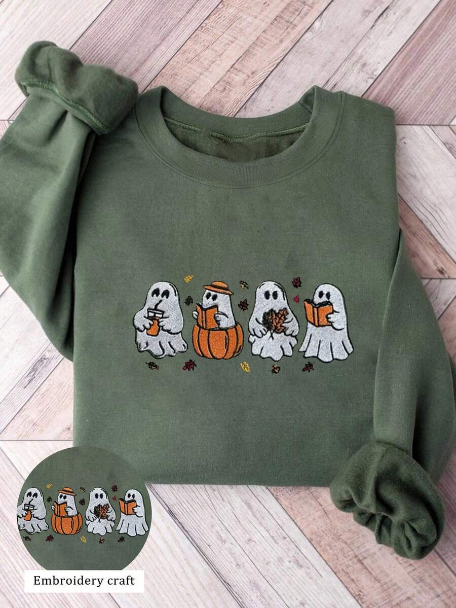 INAWLY 1. Halloween Ghost Embroidered Comfortable T-Shirt, Cute Halloween Ghost Crew Neck, Cozy Autumn Reading And Pumpkin Latte Shirt, Gift For Her, Autumn Crew Neck Women Embroidered T-Shirt - Army Green - View 1