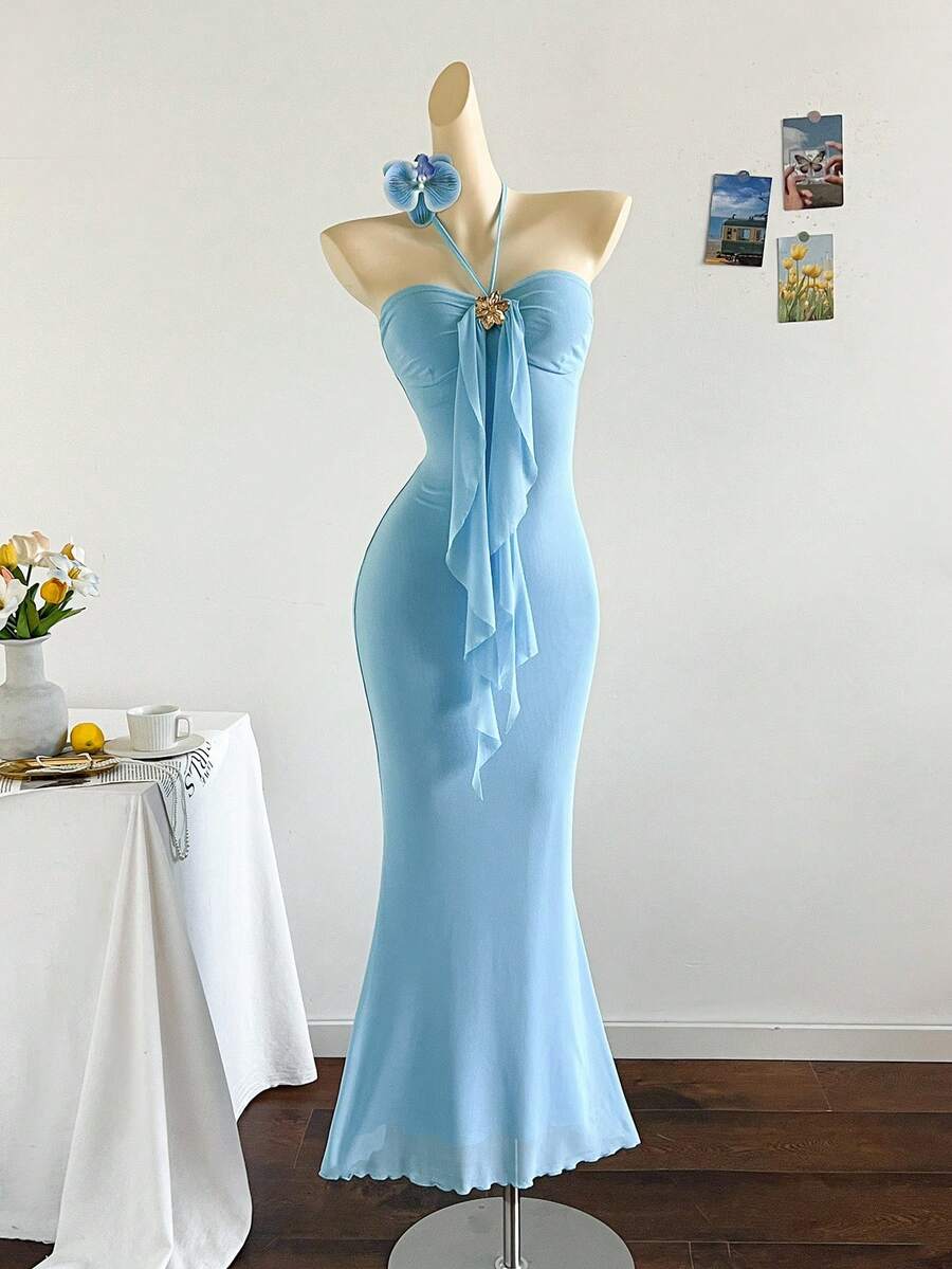 Soleia Đầm Maxi đuôi cá phối lưới đan màu xanh lãng mạn, vừa vặn, thắt nơ kim loại, trang trí khóa kim loại, thích hợp cho tiệc tùng, giáng sinh, hẹn hò, hộp đêm, phong cách Bohemian, Boho, kỳ nghỉ, mùa thu - Màu xanh lam - Xem 1