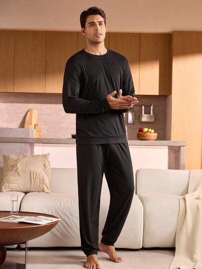 Manfinity Underwear&Sleepwear Basics Men's Solid Color Crew Neck Long Sleeve Top And Pants Pajama Set Men Lounge Set Men Sleepwear, Fall Winter Clothes