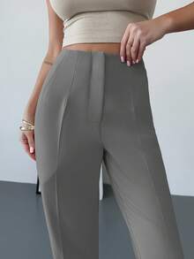 Firerie 女士优雅简约高腰口袋拉链修身杏色九分裤，适合通勤、办公室和日常穿着 - 灰色 - 查看 3