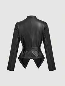 SHEIN MOD 女士黑色PU皮革长袖打结腰身时尚西装外套，秋冬款，时尚百搭，外出休闲，尽显优雅气质 - 黑色 - 查看 2