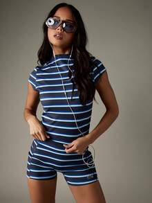 MISSGUIDED Athletic Striped Crew Neck T-Shirt For Women Short Sleeve Fitted Active Top Navy Blue Training Tee - Multicolor - View 3