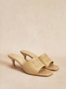 Rosivie Women's Square Toe Woven Stiletto Heels Mid Heel Gold High Heel Sandals - Apricot - View 3