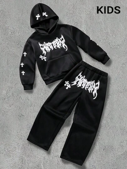 PAVTROS Boys Gothic Graffiti Print Hooded Sweatshirt And Pants Set, Casual Sports Outfit For Autumn/Winter Fall